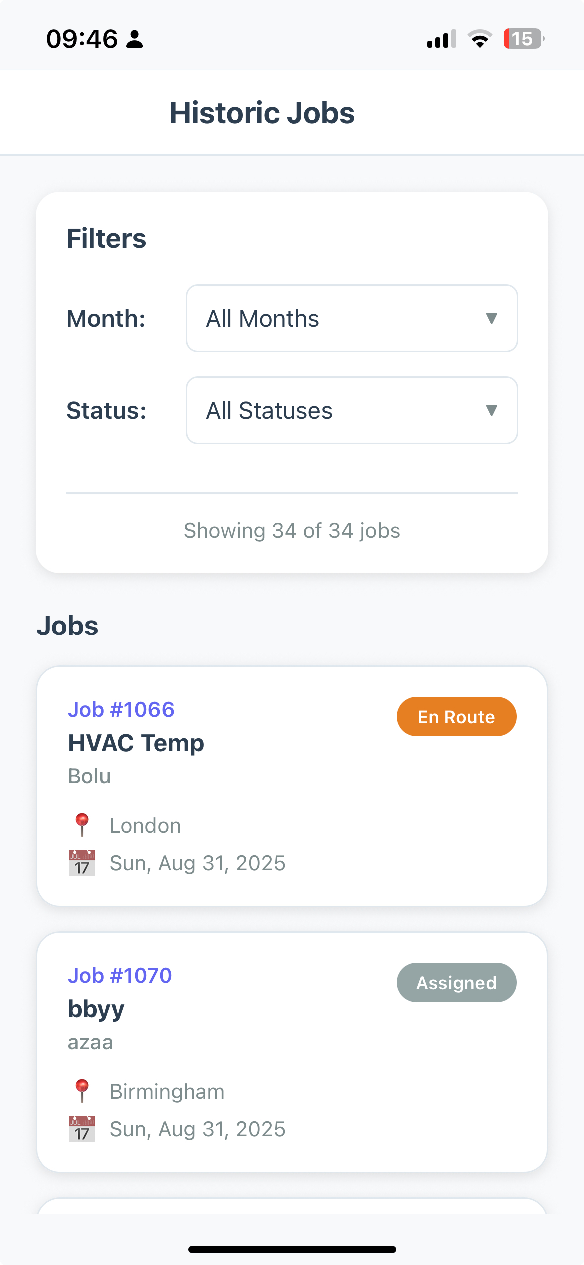 Historic jobs screen